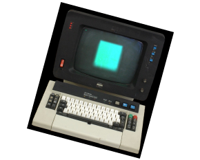 an old school IBM termnial with blue rectangle on screen